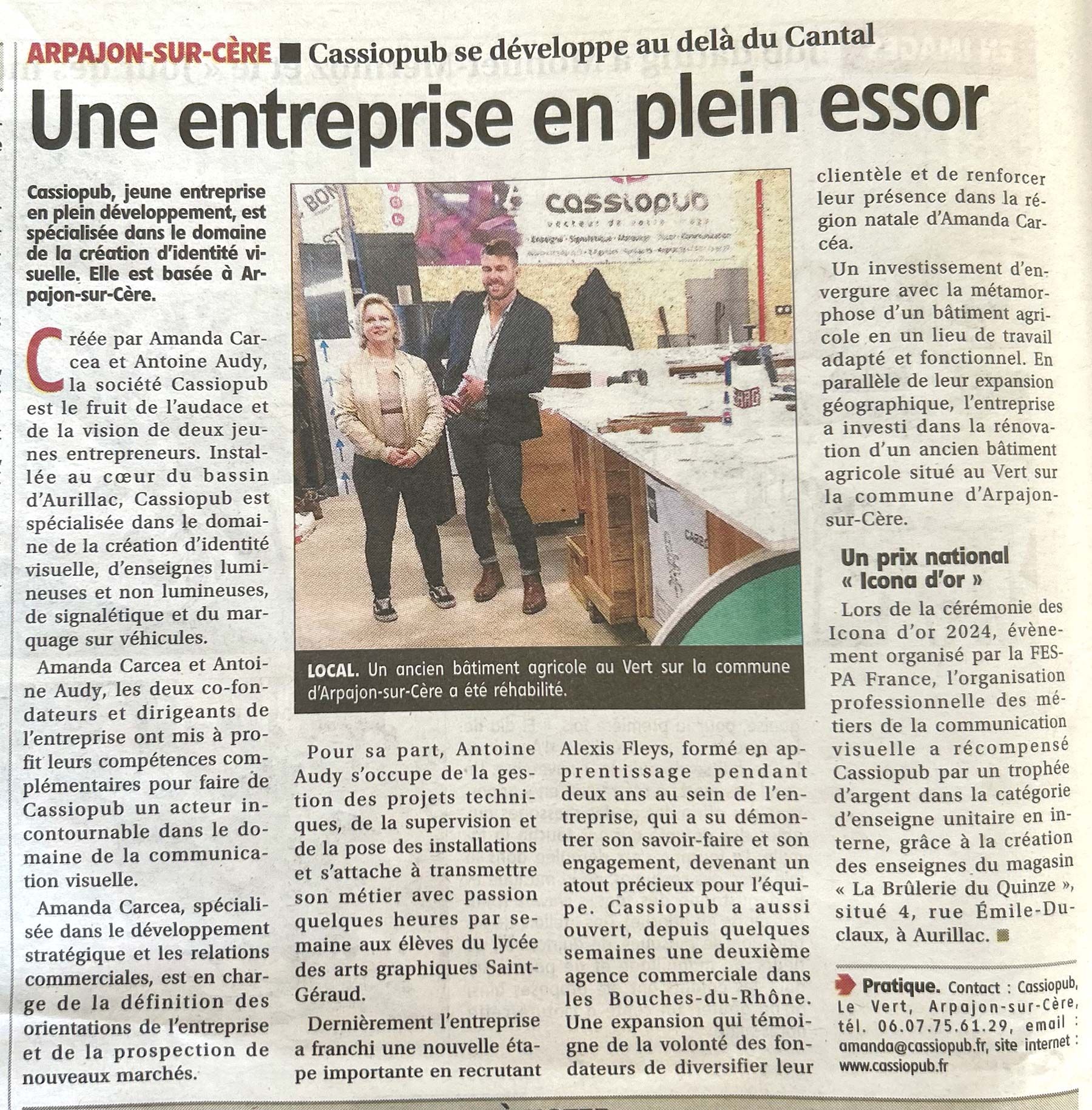 Article de la Montagne Cantal sur le déménagement de l'agence Cassio Pub d'Aurillac à Arpajon sur Cère